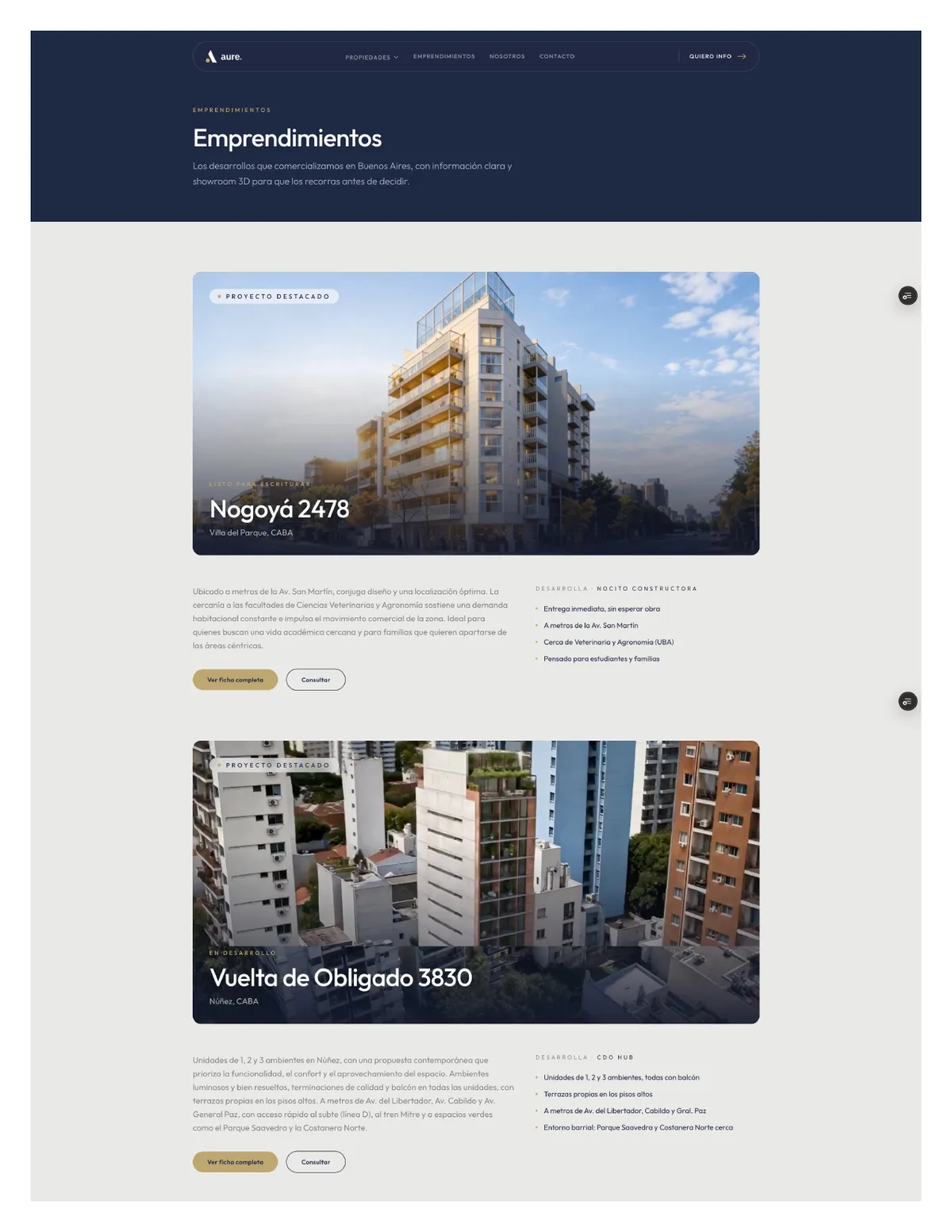 Página de emprendimientos del sitio nuevo, con cada desarrollo presentado con sus renders en grande