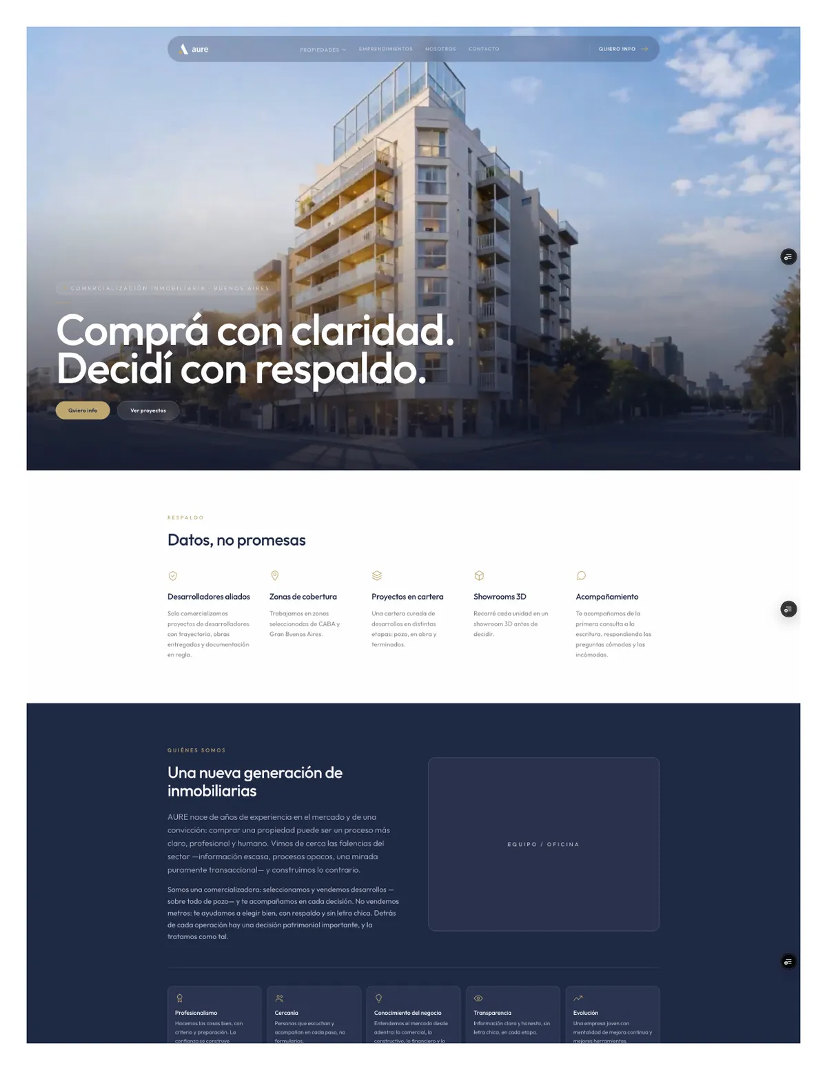 Home del sitio nuevo de AURE, con identidad propia y el mensaje Comprá con claridad, decidí con respaldo
