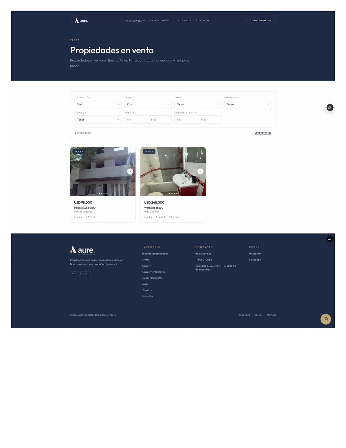 Catálogo de propiedades en venta del sitio nuevo, con filtros de búsqueda y fichas conectadas a Tokko