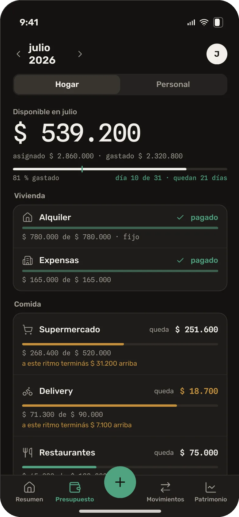 Pantalla de presupuesto de Fin de mes en modo oscuro, con el disponible del mes y las partidas de vivienda y comida.