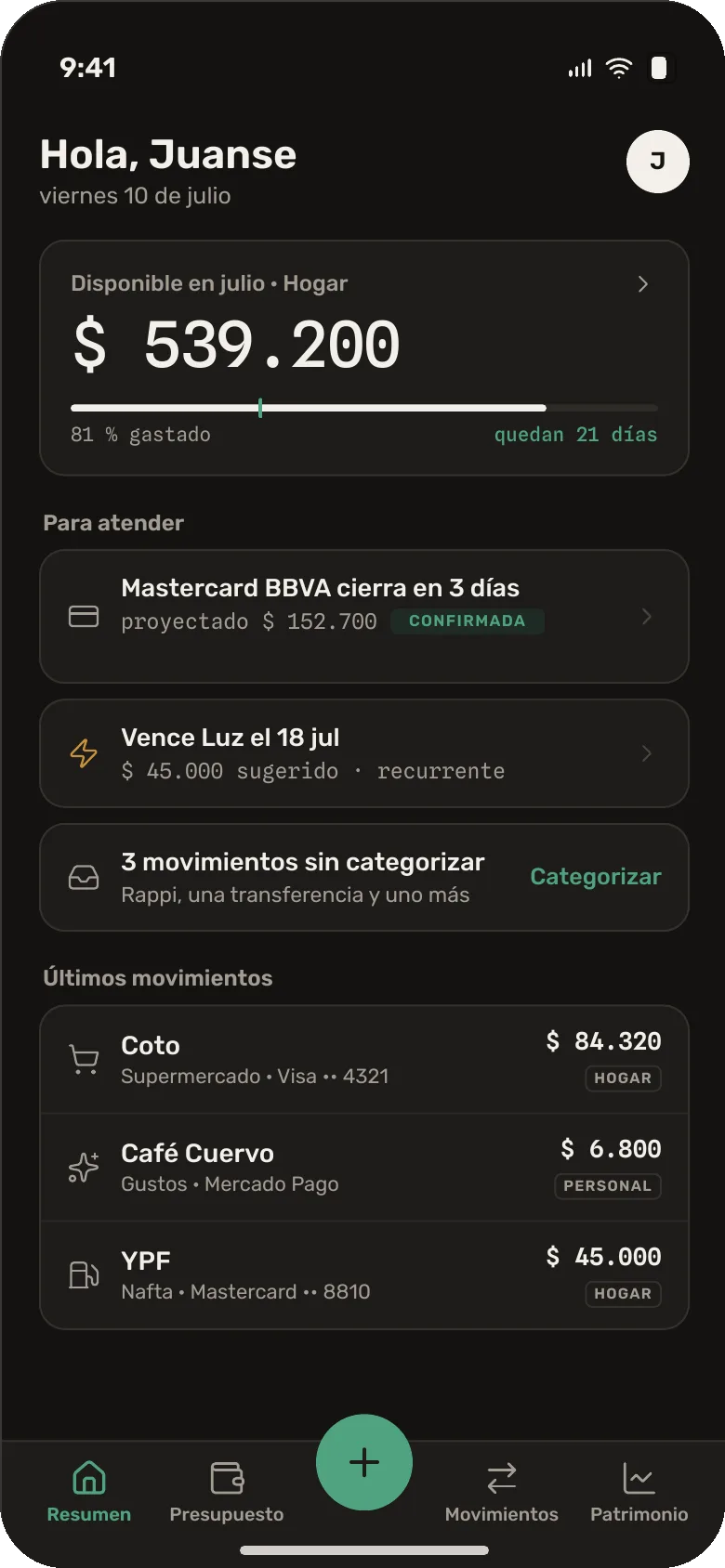 Pantalla de resumen con el disponible del mes y avisos de tarjetas por cerrar.