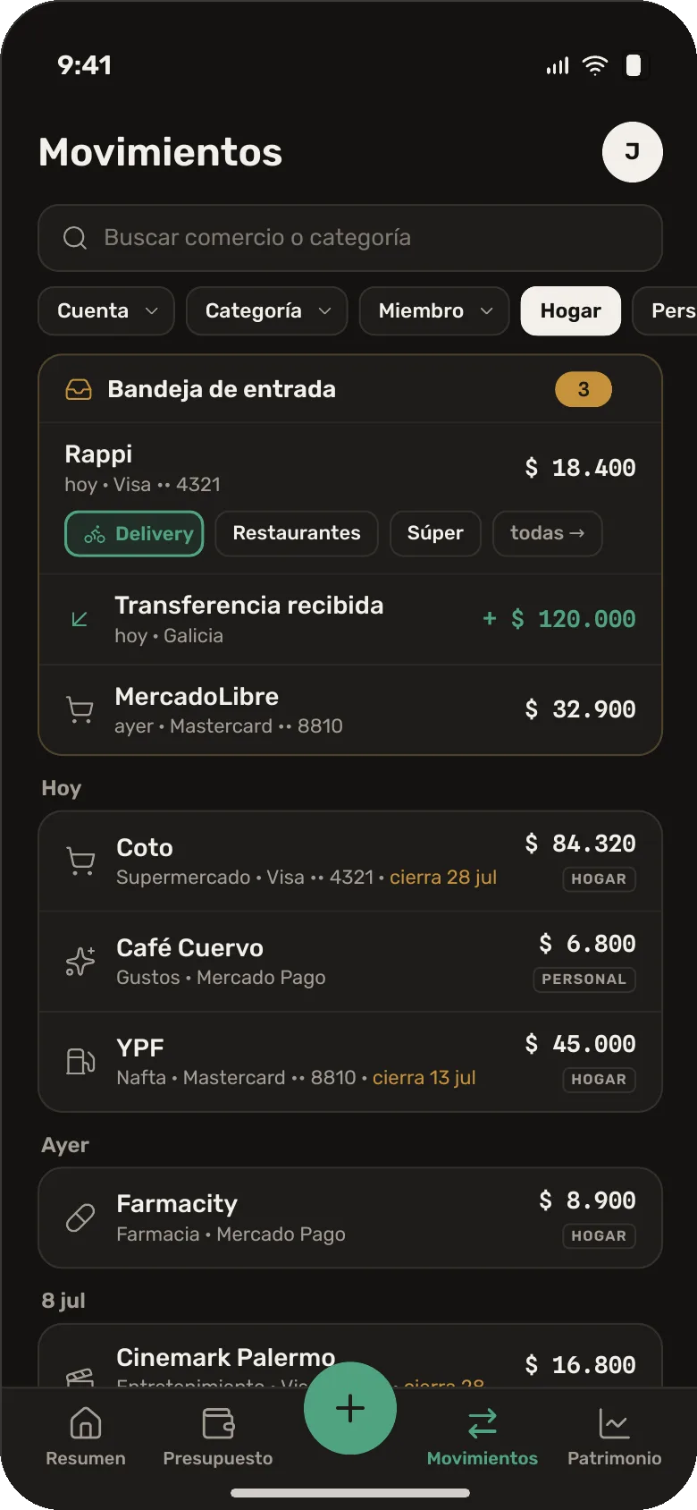 Pantalla de movimientos agrupados por día con la bandeja de entrada arriba.