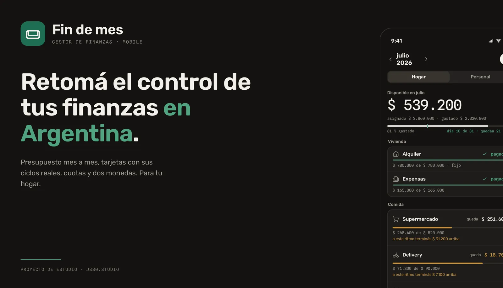 Portada de Fin de mes con la marca, el tagline y la pantalla de presupuesto de la app