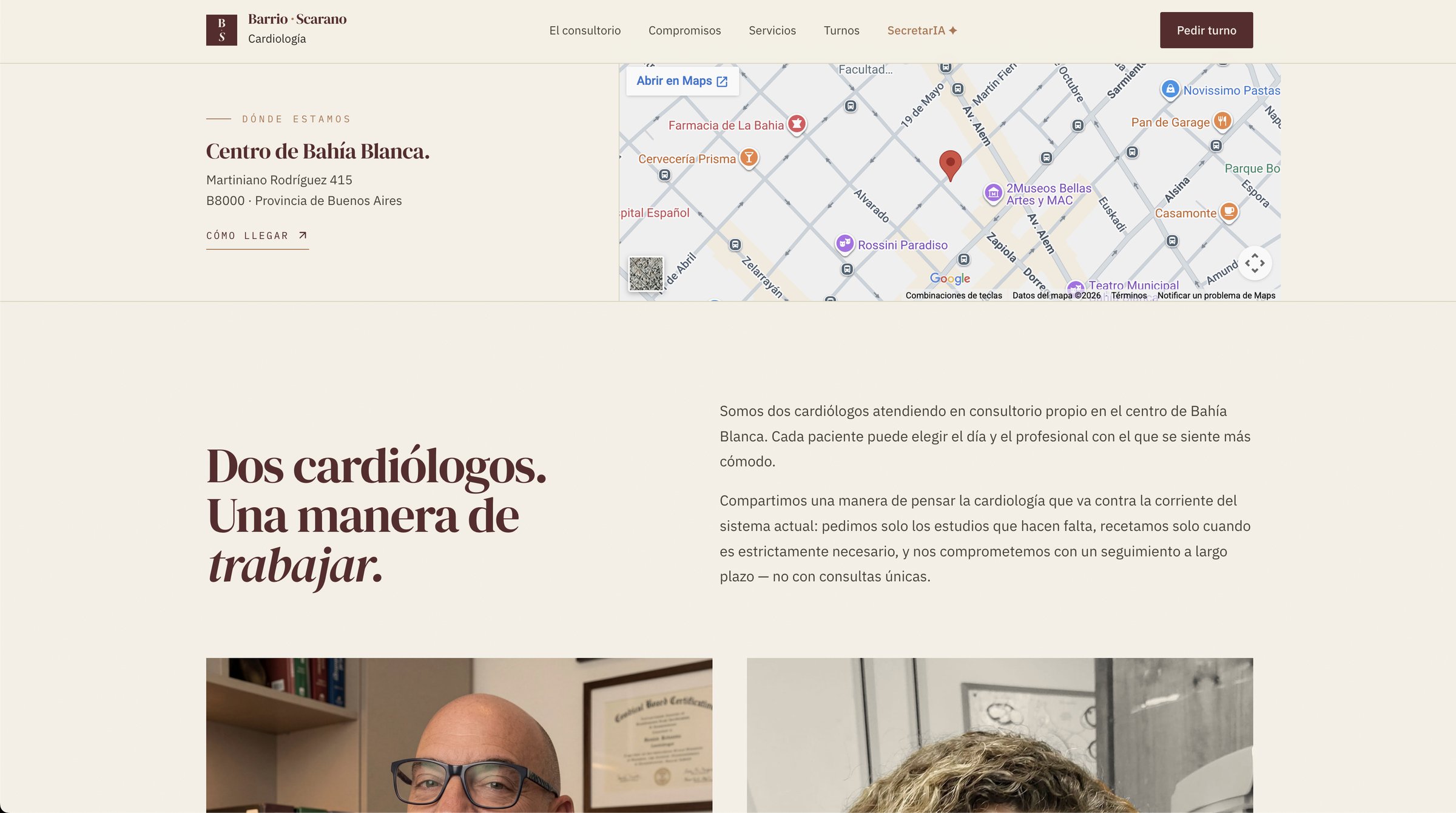 Captura de la landing de Cardiología Barrio · Scarano mostrando los compromisos clínicos, la ubicación del consultorio en Bahía Blanca, y la sección sobre los dos cardiólogos.