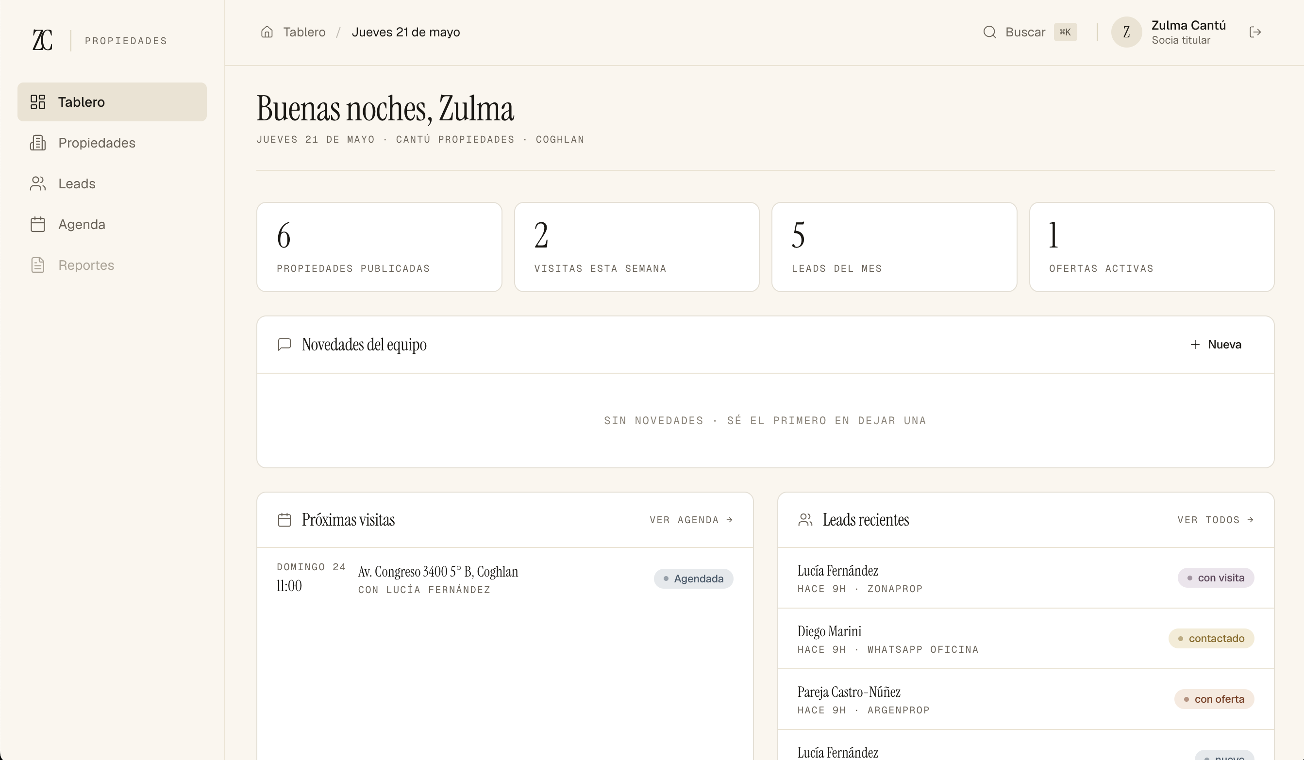 Tablero de Cantú Propiedades visto por Zulma — KPIs operativos, módulo de Novedades del equipo, próximas visitas y leads recientes.