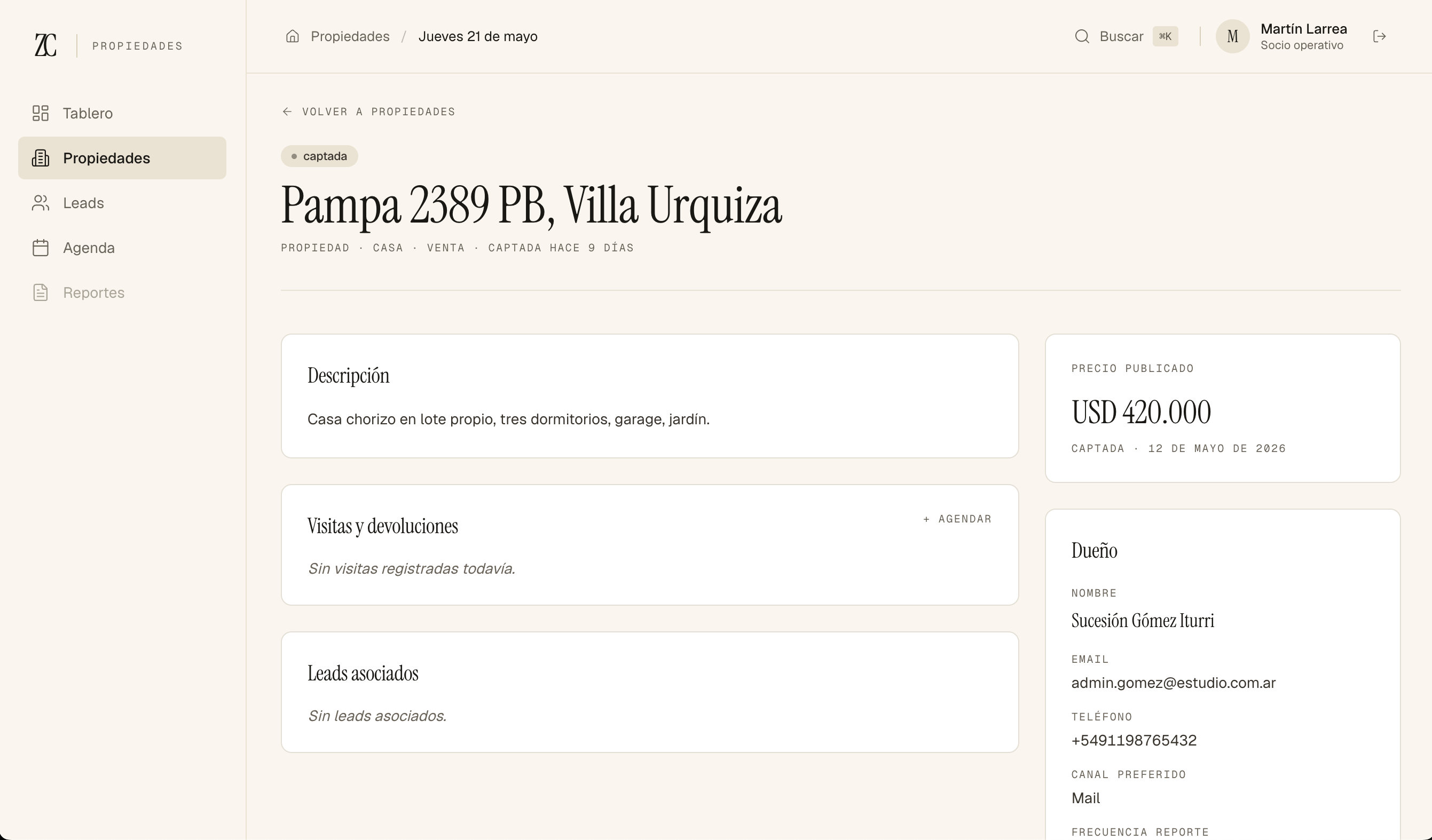 Ficha de la propiedad de Don Eduardo vista por Martín. El bloque 'Acuerdo especial' no aparece — Postgres no devuelve esa información para su rol.