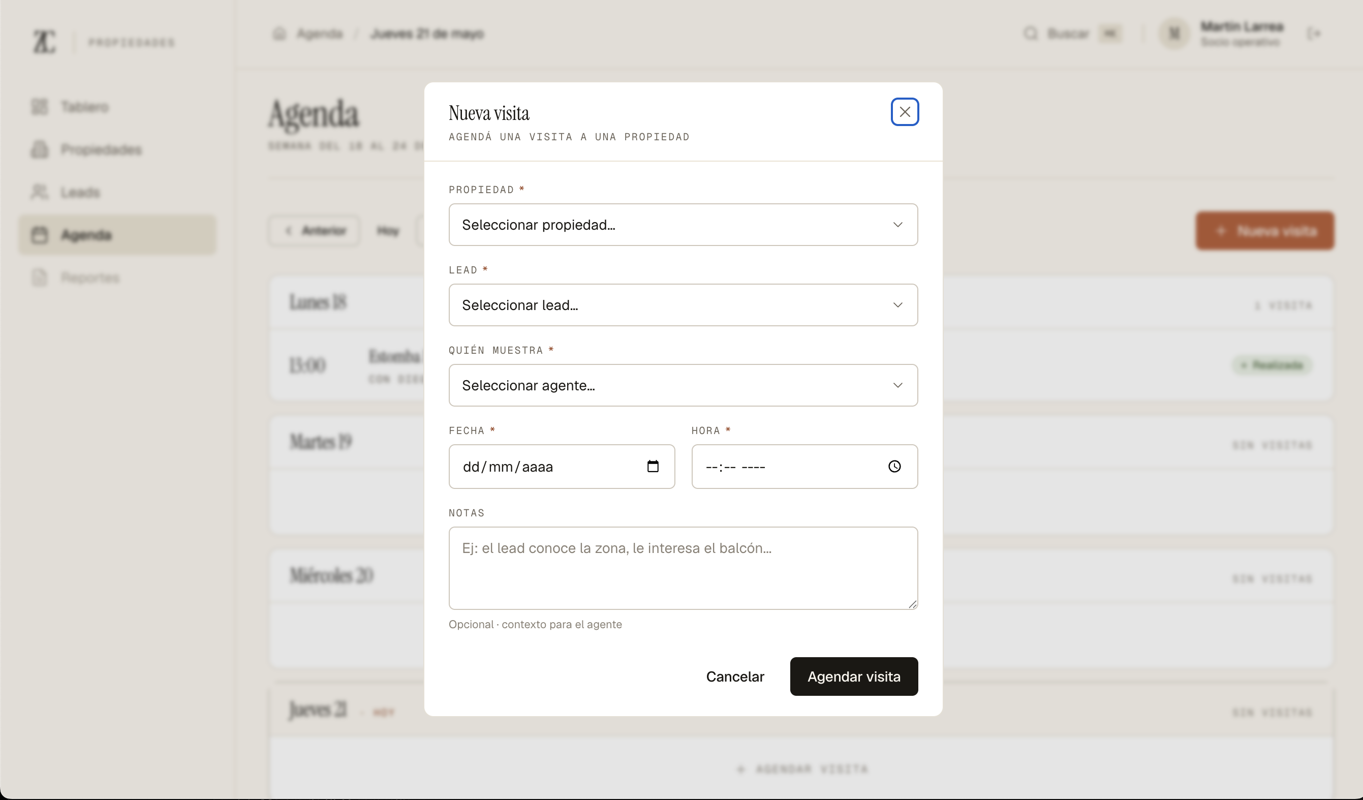 Modal de nueva visita con detalles de coordinación en Cantú Propiedades