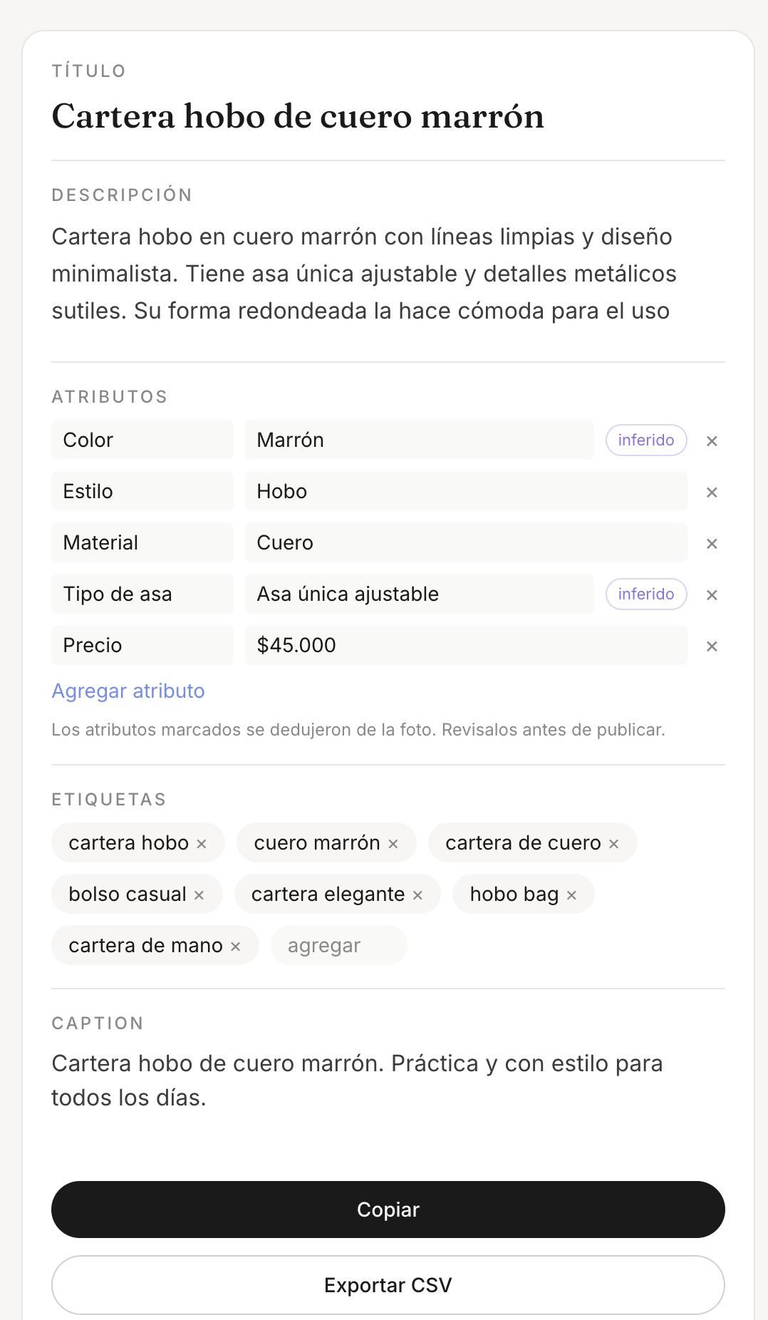 Ficha generada por Vidriera con título, descripción, atributos, etiquetas y caption
