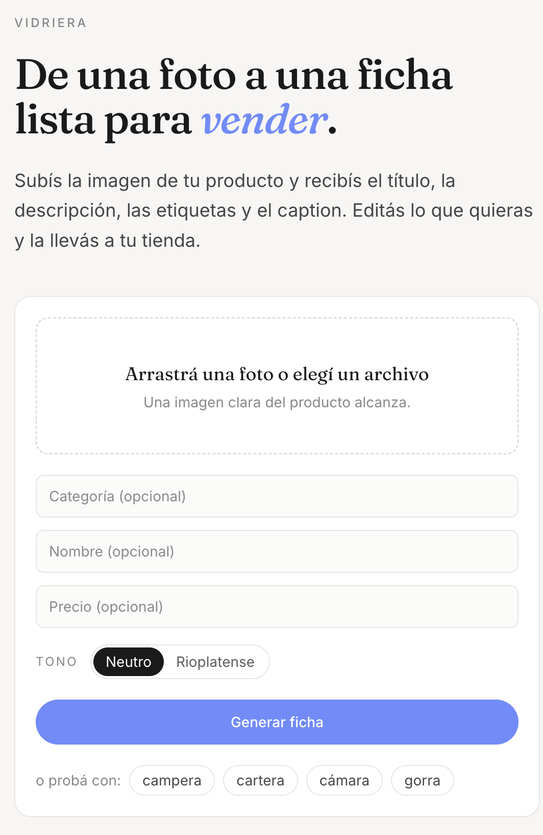 Pantalla de Vidriera para subir la foto de un producto