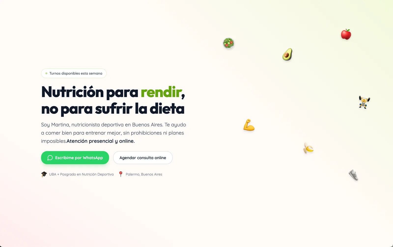Hero del sitio de Martina, nutricionista deportiva: Nutrición para rendir, no para sufrir la dieta, con botones de WhatsApp y consulta online